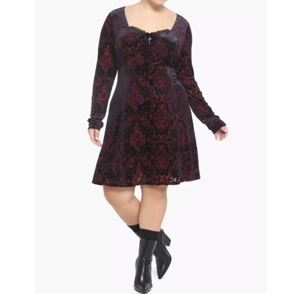 Hot Topic 2 Plus Size Velvet Damask Long Sleeve Dress 2X 18 20 - Picture 1 of 8